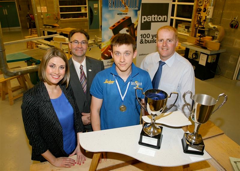 Mindaugas Kricala, SRC, Newry was the Gold medal winner in Cabinet Making. Also included are Sarah Travers; Lindsay Bronte SRC and David Cooper Chairman Skillbuild NI.