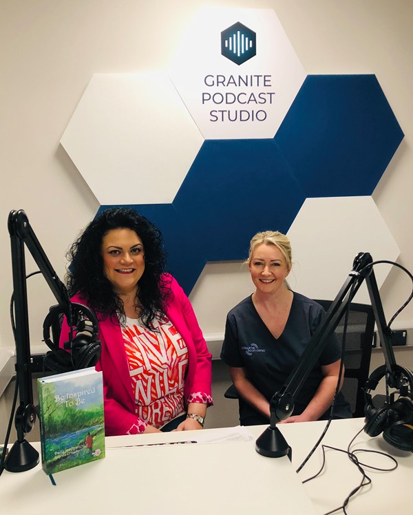 Belinda O'Neill with Lisa Hughes, Director Mourne Scan Clinic in Granite Pod Cast Studio.