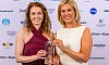 Orlaith Talty, left, from The Powerhouse Newry receives her award for the Best Businesswoman at the Greater Newry Business Awards. Talty is pictured here receiving her trophy from Gemma Murphy, Murphy Jewellers, Sponsors. Photograph: Colum Lynch Photography