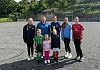 Joanne Patterson and Cllr David Taylor with some sporting youngsters at Newry High School.