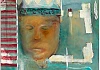 The carved human head from the label stop from the Cistercian abbey provides the inspiration for this painting. Newry and Mourne Museum Collection