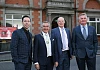 Pictured at Innovation Nation 2018 are, from left, host Connor Phillips; Councillor Mark Murnin, Chair of Newry, Mourne and Down District Council; Liam Hannaway, Chief Executive of Newry, Mourne and Down District Council, and Brian Conlon, founder of First Derivatives.