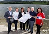 Adrian Garvey (Synge & Byrne), Catherine Murphy,  CLWF, Chair of Newry Mourne, Down District Council Gillian Fitzpatrick, John Mc Garrity (First Derivatives) Gary Mc Ardle (Cathedral Eye Clinic) and Lisa Travers (First Derivitives) launching the Crooked Lake Triathalon 2017 3rd June.