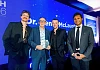 Blue Lights stars, Neil Keery (left) and Nathan Braniff (centre) present Dr. Henry McLaughlin with the Spirit of Health award. Also pictured is Dr. Niraj Mandal from category sponsor, Cathedral Eye Clinic (right).  