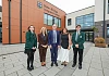 Education Minister Paul Givan pictured at New-Bridge Integrated College with Principal Hilary Harbinson, previous Principal Anne Anderson and head girl and head boy.   