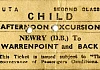 Child's second-class afternoon excursion train ticket for return travel between Newry and Warrenpoint, dated August 1964.  Newry and Mourne Museum Collection