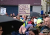 Justin McNulty MLA holds a banner aloft at the rally. Photograph: Columba O'Hare/ Newry.ie 