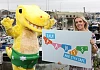 NSPCC’s Pantosaurus and Lyndsey Hasson of Southern Health and Social Care Trust pictured at Kilkeel Harbour launching the virtual phase of the #PANTS campaign in partnership with Public Health Agency.