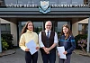 Sacred Heart Principal, Shane Comer, with Ellen Webster and Sinead O’Neill who got their GCSE results at Sacred Heart Grammar School.