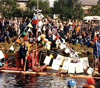 The bathtub race on Newry Canal was a highlight of the festival, where competitors over five different classes raced up the canal in their home-made rafts, 1980s. Newry & Mourne Museum Collection 