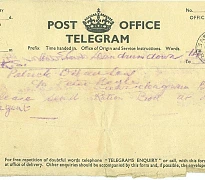 Post Office Telegram sent to Patrick O’Hanlon Belleeks, requesting a ration book. Newry & Mourne Museum Collection