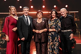 Susan McCann pictured with presenter Daniel O'Donnell, her granddaughter Sinead, daughter Linda and husband Denis Heaney during recording for the new series of 'Opry le Daniel'.