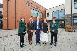 Education Minister Paul Givan pictured at New-Bridge Integrated College with Principal Hilary Harbinson, previous Principal Anne Anderson and head girl and head boy.   