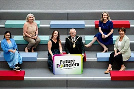 Go Succeed and Young Enterprise NI scheme returns for second year to inspire the next generation of ‘Future Founders’. Pictured launching the second year of the initiative at Northern Regional College, Ballymena, from left: Joanne McCourt, Northern Regional College; Jane Hanna, North East Area Manager of Young Enterprise NI; Christine Barnhill, Mid & East Antrim Borough Council; Alderman Thomas Gordon of Mid and East Antrim; Carol Fitzsimons MBE, Chief Executive of Young Enterprise NI; Christine Brown, Northern Regional College.