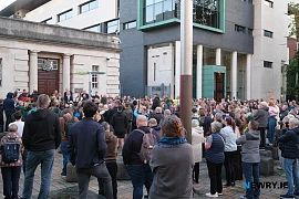 Speakers outside the Belfast High Court on Friday night.