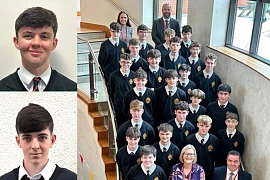 Top Abbey GCSE Students pictured with the Year Tutor, Mrs McCulla, SLT Pastoral Lead, Mr Gallagher, VP Mr Ruddy and Principal Mrs Savage. Included are: Luke Browne. Sean Smyth. Peter Nolan. Dara McEntee. Sean McCreesh. Cillian McCarthy. Daire McCumiskey. Jamie Cunningham. Ruairí McGurgan. Matthew Reavey. Ruairí Agnew. Conor Murphy. Ronan McParland. John McCaffrey. Luke Keenan. Nathan Smyth fortune. James Matthew’s Calum Carr. Fionntan Graham. Matthew Geoghan. Ciaran McCoy and Shea McKevitt. Missing from photo: Cahir McShane and Lorcan McCreesh. Inset shows Cahir McShane and Lorcan McCreesh.