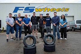 Members of SRC's Formula Student team alongside academic supervisor Seán Mac Diarmada and Frank Sloan from FS Wheels.