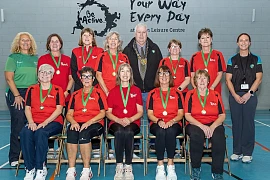 Banbridge Walking Netball Team, The Bann Ballers, who were crowned overall winners of the recent Down Leisure Centre tournament with Newry, Mourne and Down District Council Chairperson Councillor Glyn Hanna. Included are Betty Wilson (back left), Netball NI ‘Here If You Need’ coach and the Council’s Sports Development Officer Paula Early (back right).