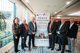 Pictured at the launch of REACH are from left: Judith Poucher (COO, Clanrye Group), Packie Kelly (Manager, Teach Na nDaoine), Gearóid Cassidy (Director of Adult Palliative Care and Neighbourhood Model Policy, Department for Health NI), Paul Sheridan (Director of Corporate Services, SEUPB), Liam Devine (CEO, Clanrye Group), Nicholas McCrickard (Manager, County Down Rural Community Network) 