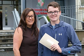 Shea O'Doherty, Newry gets his GCSE results at St Joseph's Boys High School along with mum Adele. Photograph: Columba O'Hare/ Newry.ie 