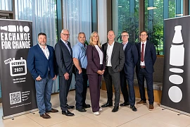 Partners in the Deposit Return Scheme. Included from left: Garth Lamb, Chief Development Officer, Re.Group; David Palmer-Jones OBE, Chief Executive Officer, CIRQLR; Joseph Doherty, Chief Executive Officer, Re-Gen; Jenny Powell, Chief Operating Officer, Exchange For Change; Russell Davies, Chief Executive Officer, Exchange For Change; John Scanlon, Executive Vice President UK, SUEZ and Rory Capper, Head of Sustainability and Innovation, Bywaters.