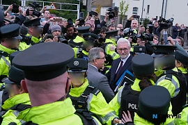 Jeffrey Donaldson arriving at Newry Courthouse at the start of his trial in April 2024. Photograph: Columba O'Hare/ Newry.ie 