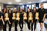 Newry students attending the Regional Qualifiers for WorldSkills UK Pictured from left:  Caroline O’Neill (Hairdressing Personal Tutor and Course Coordinator), Aoife Hanna, Kayla Larkin, Ella McMahon, Niamh Boyle, Aoife O’Malley, Matthew McMullan