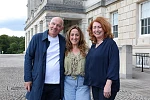 Natalie Cassidy (centre) with Philip McGovern and Jane Kelly, joint CEOs of Big Mountain Productions, during filming for the new series at Parliament Buildings in Belfast 