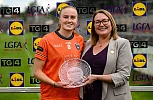 Blaithin Mackin of Armagh is presented with the player of the match award by LGFA President Trina Murray after the LGFA TG4 All-Ireland Senior Championship round 3 match between Armagh and Waterford at BOX-IT Athletic Grounds in Armagh. Photograph: Ramsey Cardy/Sportsfile 