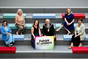 Go Succeed and Young Enterprise NI scheme returns for second year to inspire the next generation of ‘Future Founders’. Pictured launching the second year of the initiative at Northern Regional College, Ballymena, from left: Joanne McCourt, Northern Regional College; Jane Hanna, North East Area Manager of Young Enterprise NI; Christine Barnhill, Mid & East Antrim Borough Council; Alderman Thomas Gordon of Mid and East Antrim; Carol Fitzsimons MBE, Chief Executive of Young Enterprise NI; Christine Brown, Northern Regional College.