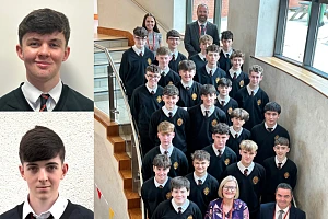 Top Abbey GCSE Students pictured with the Year Tutor, Mrs McCulla, SLT Pastoral Lead, Mr Gallagher, VP Mr Ruddy and Principal Mrs Savage. Included are: Luke Browne. Sean Smyth. Peter Nolan. Dara McEntee. Sean McCreesh. Cillian McCarthy. Daire McCumiskey. Jamie Cunningham. Ruairí McGurgan. Matthew Reavey. Ruairí Agnew. Conor Murphy. Ronan McParland. John McCaffrey. Luke Keenan. Nathan Smyth fortune. James Matthew’s Calum Carr. Fionntan Graham. Matthew Geoghan. Ciaran McCoy and Shea McKevitt. Missing from photo: Cahir McShane and Lorcan McCreesh. Inset shows Cahir McShane and Lorcan McCreesh.