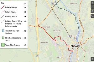 A map showing the DfI's Active Travel plans for Newry.