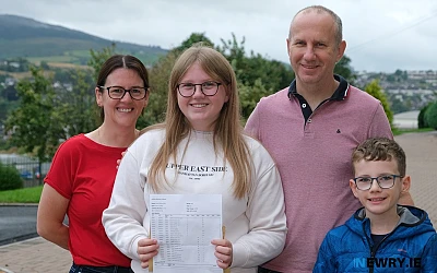 A family occasion for Fearne O'Neill who got her GCSE results at St Mary's High School. She is pictured with Mum Nichola and dad Hugh and brother Harry. Photograph: Columba O'Hare/ Newry.ie 