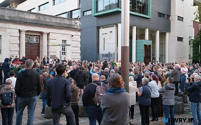 Speakers outside the Belfast High Court on Friday night.