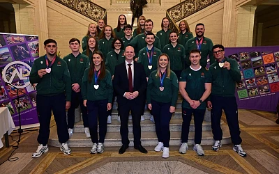 Communities Minister Gordon Lyons pictured with some of the Commonwealth Games Team NI athletes at a homecoming reception in Parliament Buildings.