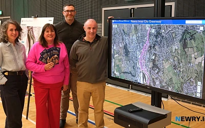 Pictured at the greenway early engagement event are from left: Siobhan McDermott, Julie Pirone and Declan Diamond, Jacobs and Michael O'Kane, DfI