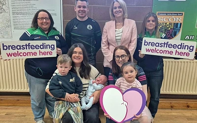 Whitecross woman Orlaith Moley, Health and Wellbeing Improvement Senior Officer at the Public Health Agency along with members; Aveen Connolly, Health Visitor; Joanne McSherry, Midwife; Senior Ladies Player and Midwife Anne-Marie McGrath, with daughter Lily; and Senior Men’s Player Gavin Henry, with wife Naomh and boys Ruadhán and Paudí.