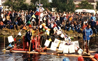 The bathtub race on Newry Canal was a highlight of the festival, where competitors over five different classes raced up the canal in their home-made rafts, 1980s. Newry & Mourne Museum Collection 