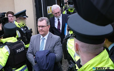 Jeffrey Donaldson leaves Newry Courthouse on the day of his first appearance in April 2024. Photograph: Columba O'Hare/ Newry.ie 