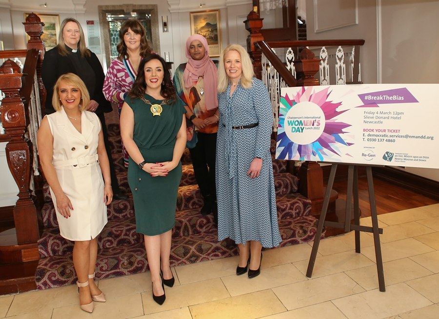 Newry, Mourne and Down District Council Chairperson Councillor Cathy Mason and International Women’s Day panel of guest speakers (L to R) Motivational Speaker Breda McCague; Newry Mourne and Down District Council Deputy Chief Executive, Dorinnia Carville, First Female Baptist Minister, Reverend Karen Sethuraman, BBC Radio Ulster, Lynette Faye and Anti-Racist Activist Coumilah Manjoo.