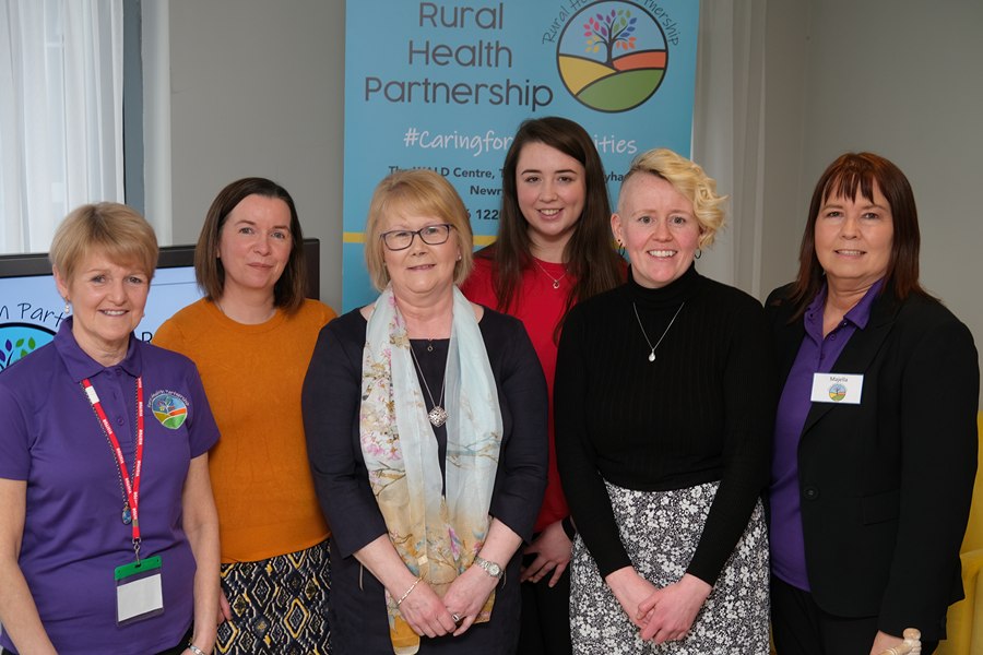Pictured at the Rural Health Partnership, Women in Farming welcome event at Killeavy Castle are from left: Teresa Nugent, CEO, Rural Health Partnership; Therese Hamill, Ring of Gullion AONB; Jennifer Hawkes, Chair UFU Rural Affairs Committee; Sarah Morrell, UFU Policy Officer; Dr Aoibeann Walsh, Rural Support and Majella Gollogly, Development Officer, Rural Health Partnership. Back: Photograph: Columba O'Hare/ Newry.ie